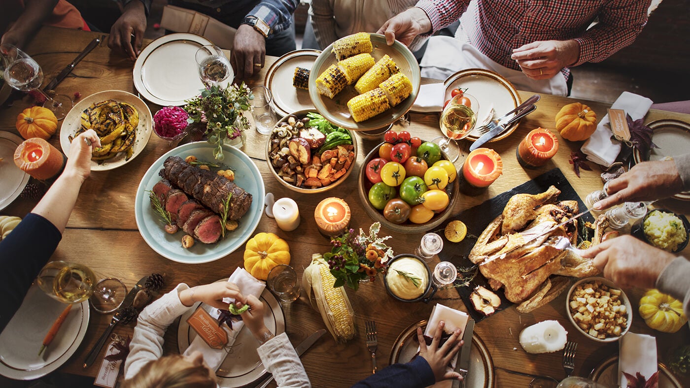 aerial view of thanksgiving table