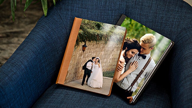 wedding on front of a metal photo album produced by printique