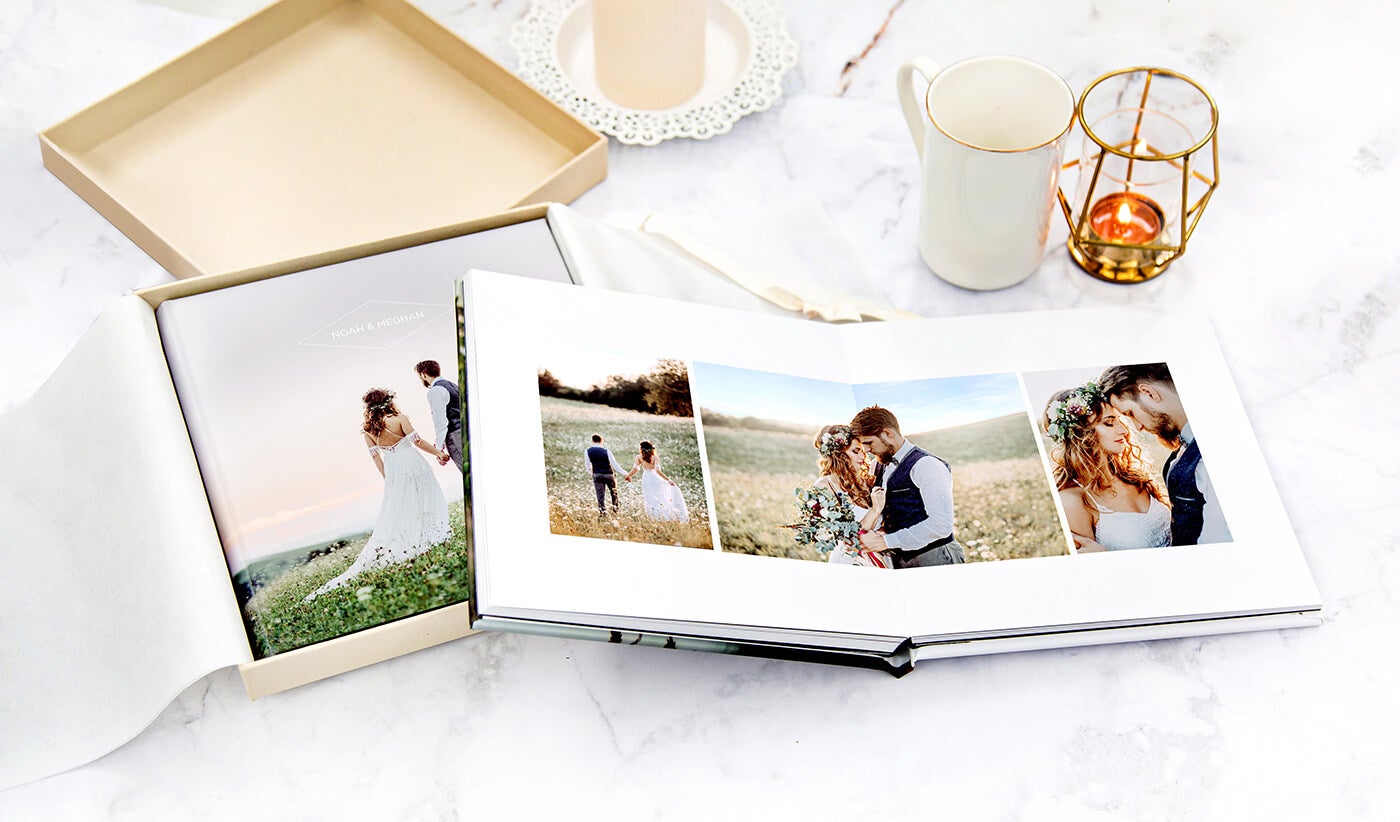 wedding photo book on table printed by printique