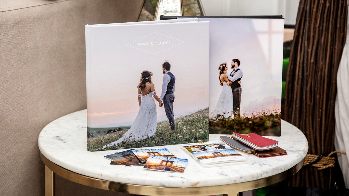 wedding photo books manufactured by printique on table