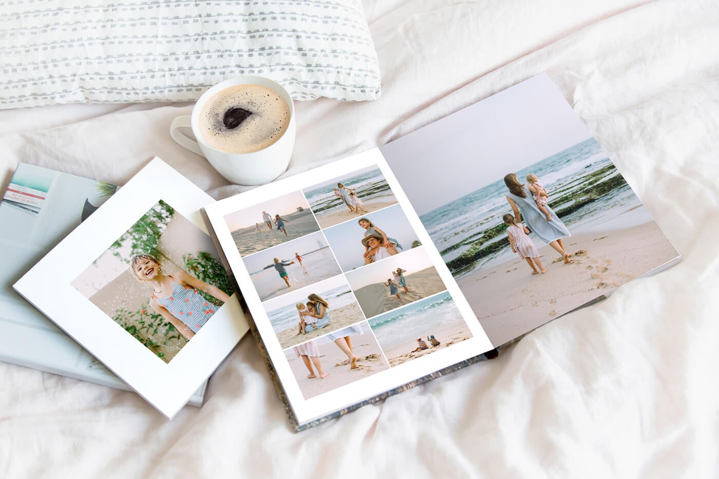 photo book by printique on bed showing familly on beach