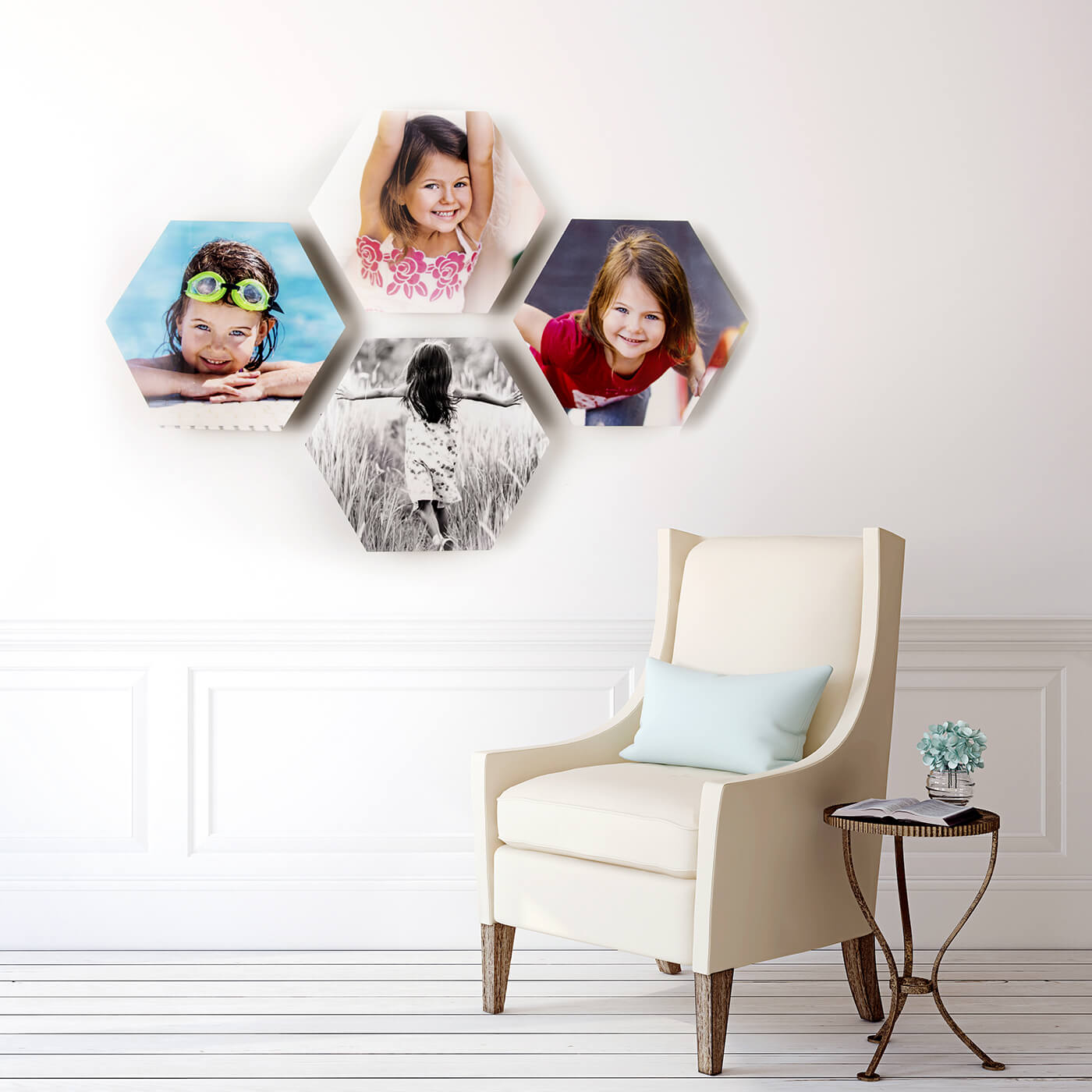 metal prints by printique on wall of little girl