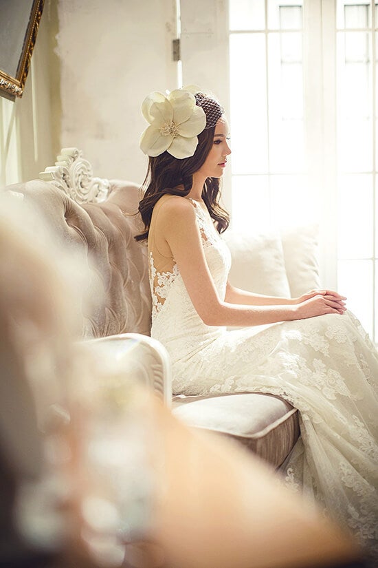 Bride in Elegant, Fitted Off-the-Shoulder Gown With Deep V Neckline and  Groom in Sophisticated White-and-Black Tuxedo