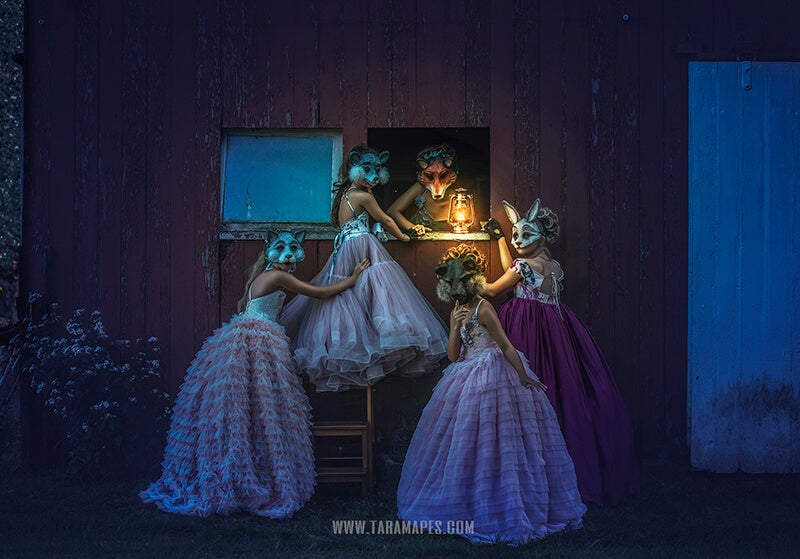 dark portrait of four girls in masks