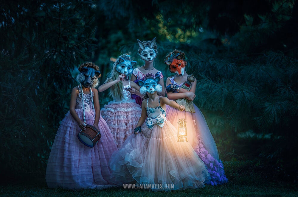 four girls in halloween costumes photographed by Tara Mapes