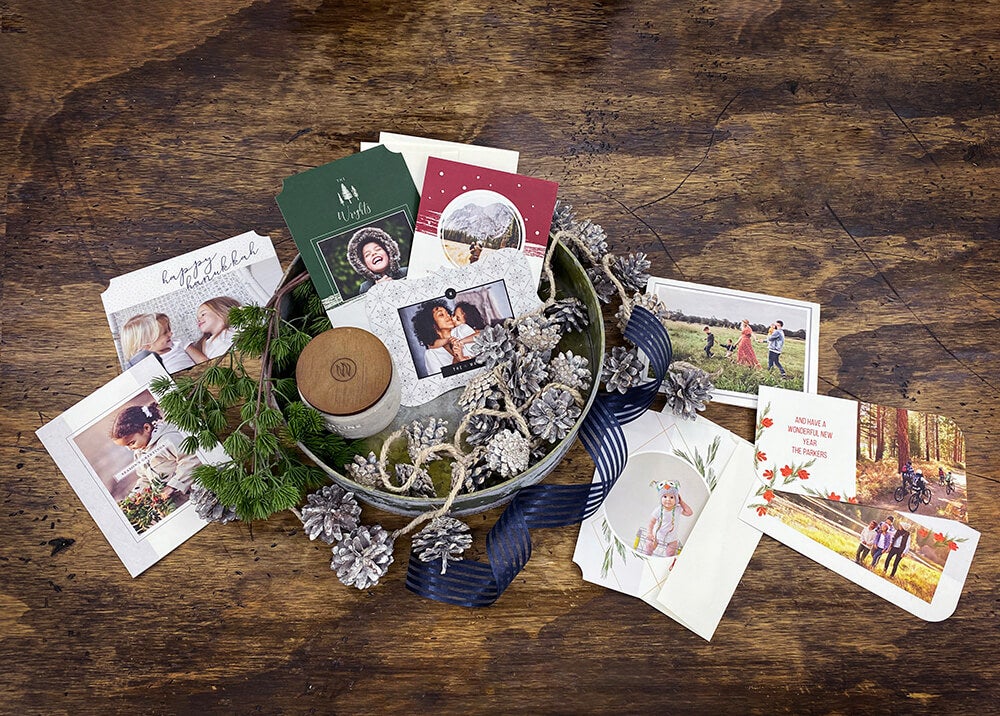 holiday cards on table manufactured by printique