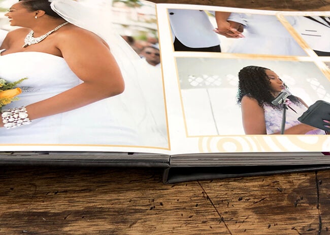 close up of a couples wedding album manufactured by Printique