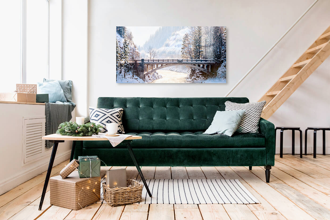 large metal print by printique above a couch