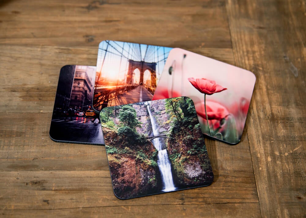 drink coasters by printique on coffee table