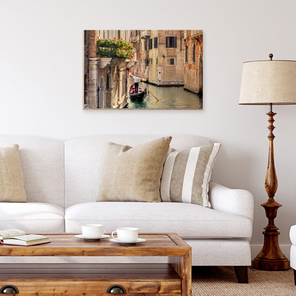 wood print of venice canal by printique by adorama above couch