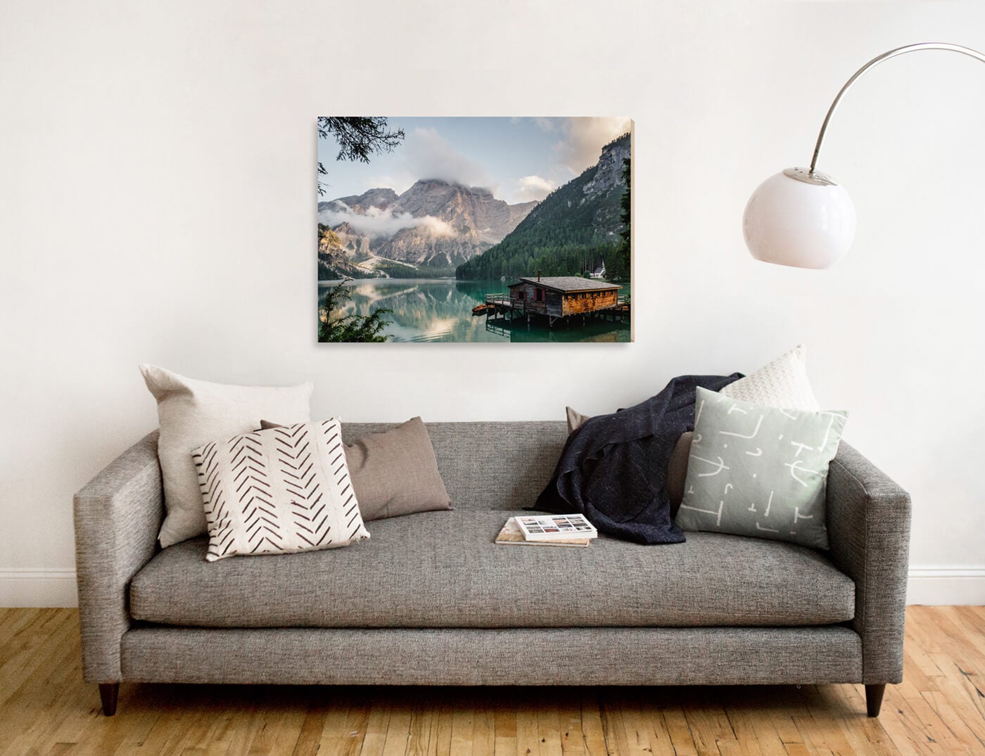 wood print by printique by adorama above a couch