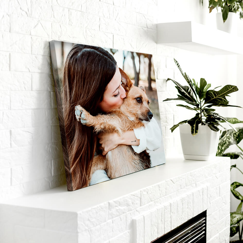 canvas by printique of woman and dog ontop of mantel