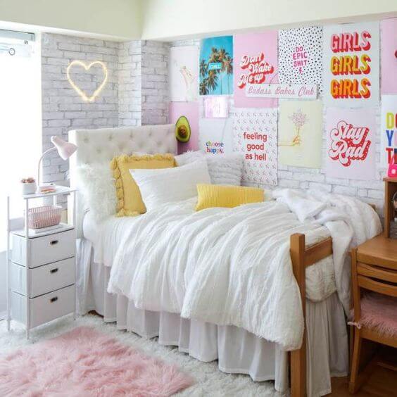 White brick removable wallpaper in cool girl dorm room with cool dorm room decor.