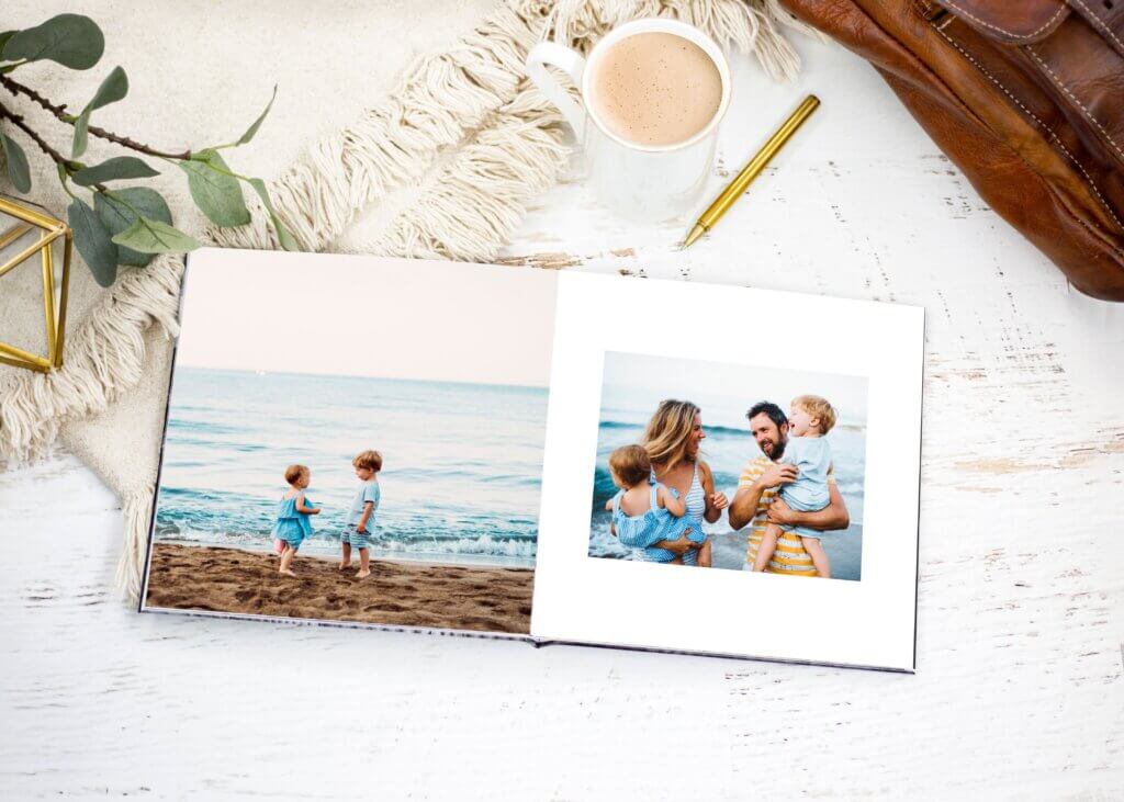Summer photobook featuring two little kids at the beach.