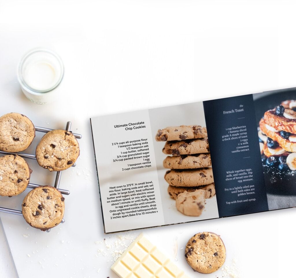 Custom cook book showcasing chocolate chip cookie recipe.