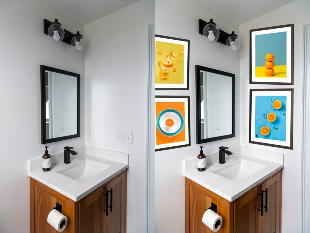 Bathroom before and after colorful framed photo prints.
