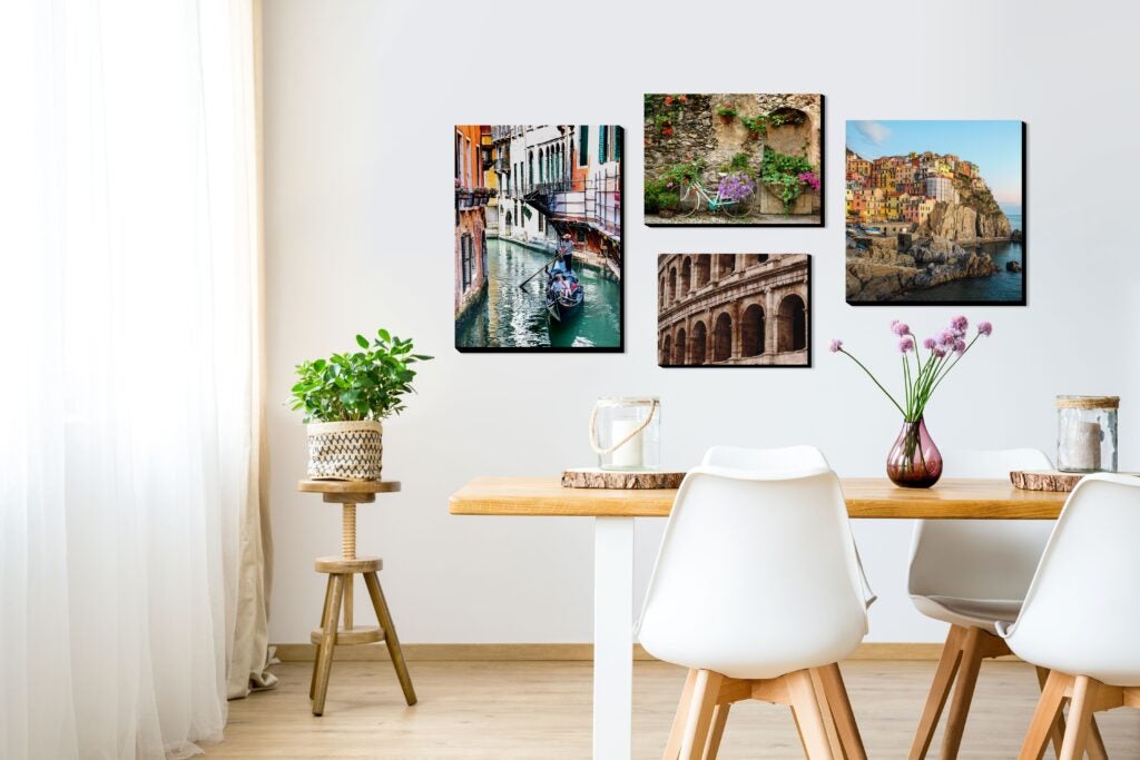 Colorful prints create wall gallery in living room.