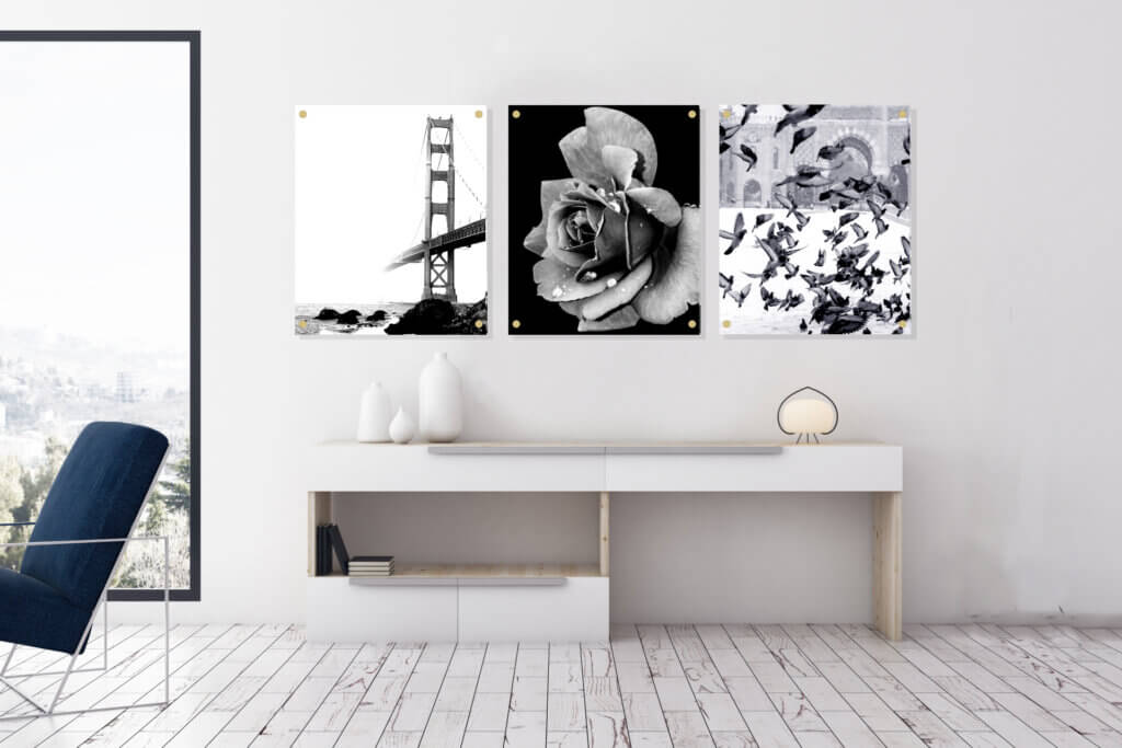 Black and white photos create a bold and elegant presence.