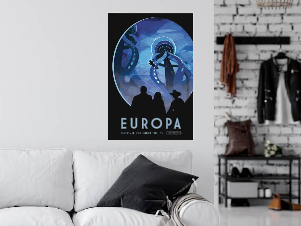 A free print design created by NASA's design team depicts life under the sea on Jupiter's frozen moon.