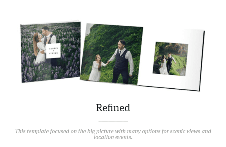 Romantic photo album template features endless spots for statement photos, making it a perfect engagement photo album.