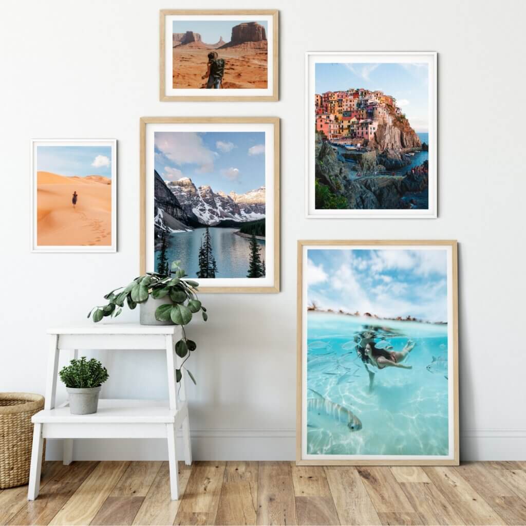 Photo gallery wall of travel photos accompanied by cute plant decor.