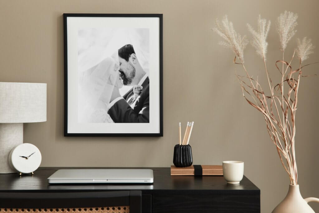 Wedding photo printed and framed to make romantic Valentine's Day photo gift.