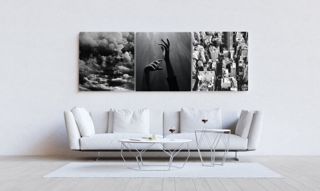 Black and white photos are displayed in a canvas print gallery in this example of easy canvas prints.