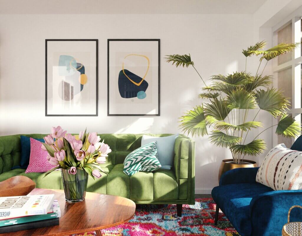 A colorful collection of framed pictures and vibrant furniture helps this room achieve its eclectic maximalism home aesthetic.