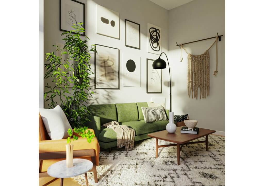 A mix medium gallery adds character and erases bland space in this mid-century modern home aestheitc.
