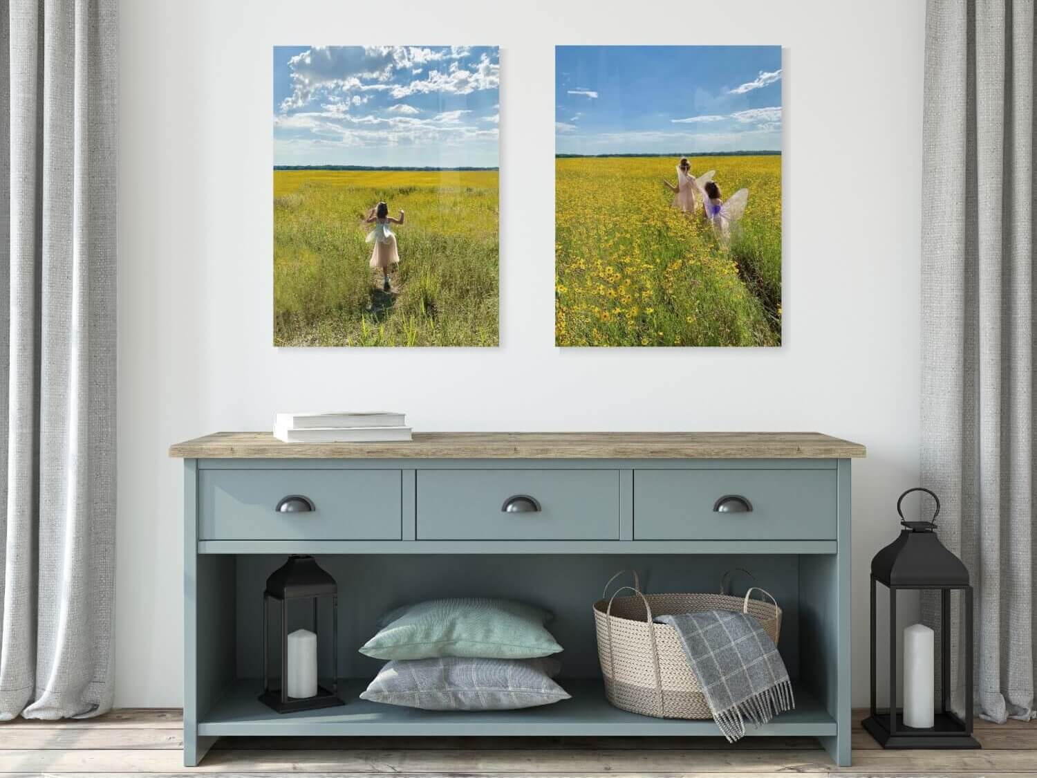 Two little girls run through meadow dressed as fairies in mudroom decorating display.