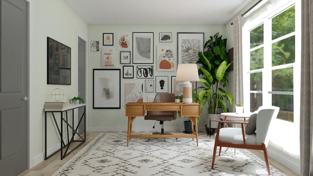 Aesthetic interior of home office interior with design chair, wooden desk,  plants, shelf, office accessories, post cards, photos and decoration.  Minimalist home decor. Template. Stock Photo