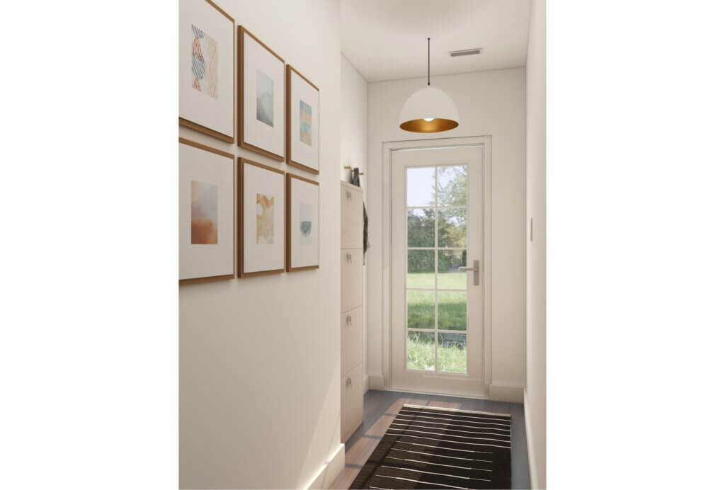 Mudroom decorating done in a narrow space by using a wall gallery.