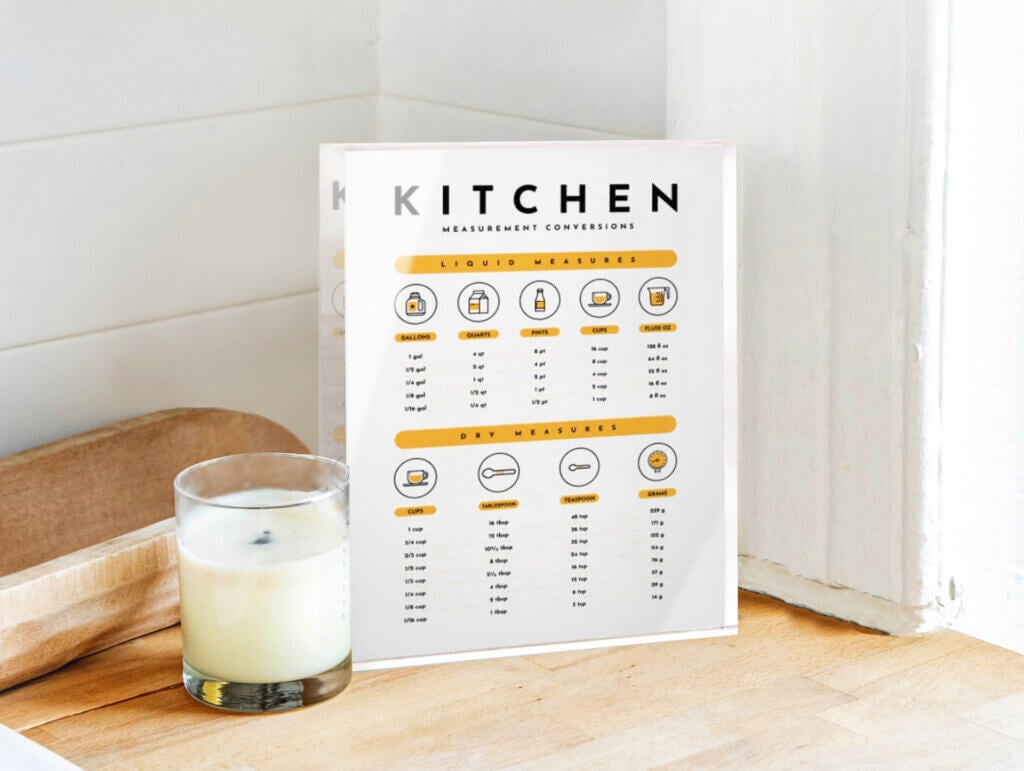 A custom acrylic print elegantly displays a measurement cheat sheet on kitchen countertop.