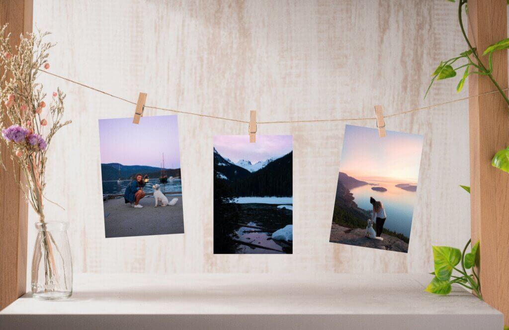 Photo prints hang from clothesline in this frame-free way to use photo prints.