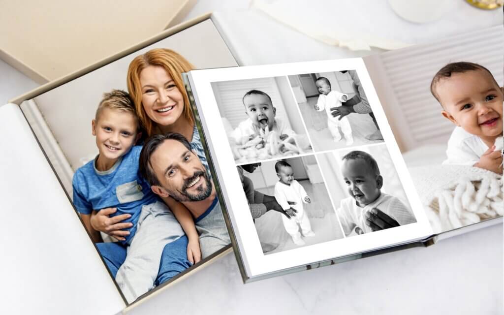 Two family photo albums sit alongside eachother.