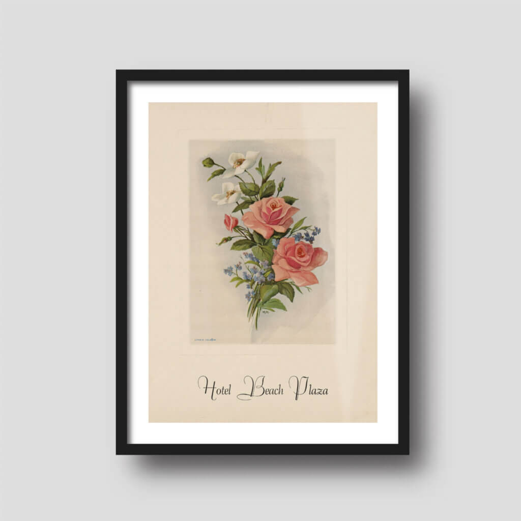 Free printable art of a vintage floral hotel menu, displayed on a framed print.