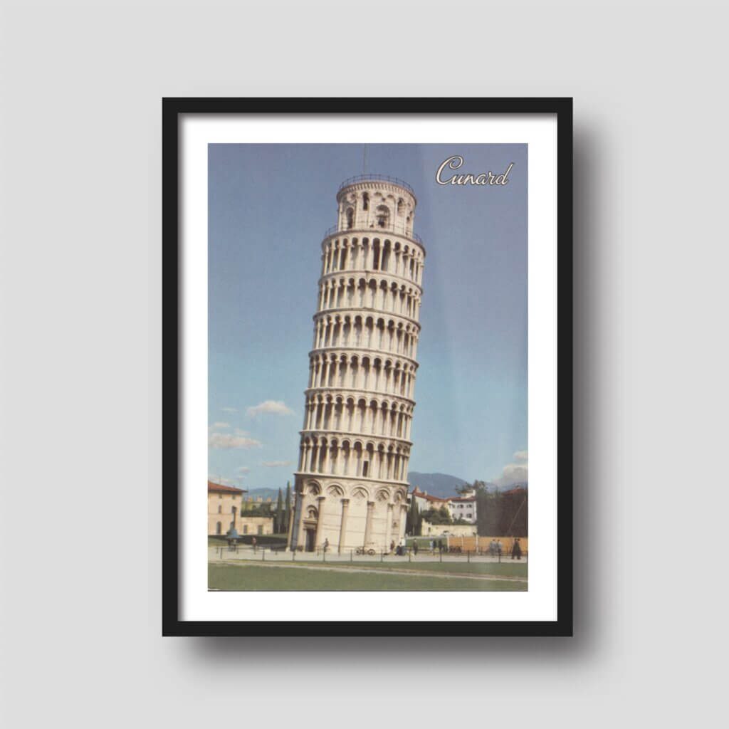 Free printable art of the Leaning Tower of Pisa, displayed on a framed print.