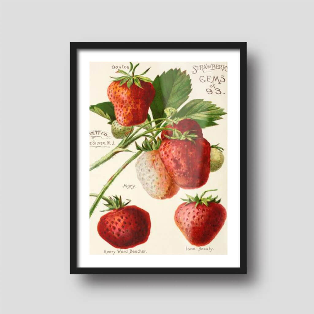 Free printable art of vibrant watercolor strawberries, displayed on a framed print.