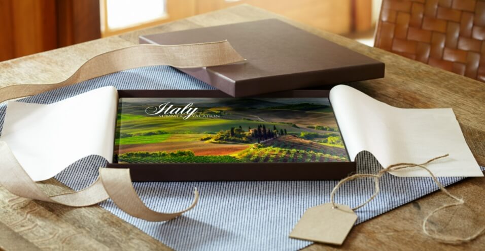 A travel album displayed beautifully in photo album wrapping.