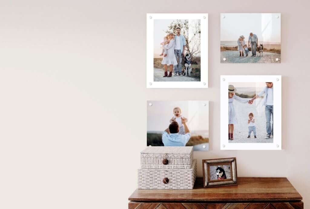 Family photo gallery of acrylic wall prints.