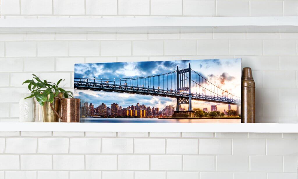 The best metal prints are elevated by the shape of the sheet they are printed on, like this panoramic photograph of the Brooklyn bridge on panoramic cut metal.