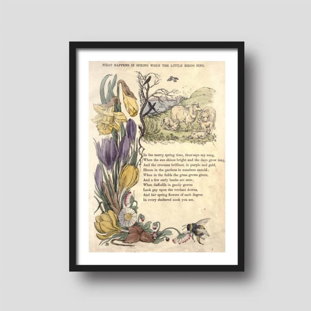 Free printable art of a page from a poetry book, displayed on a framed print.