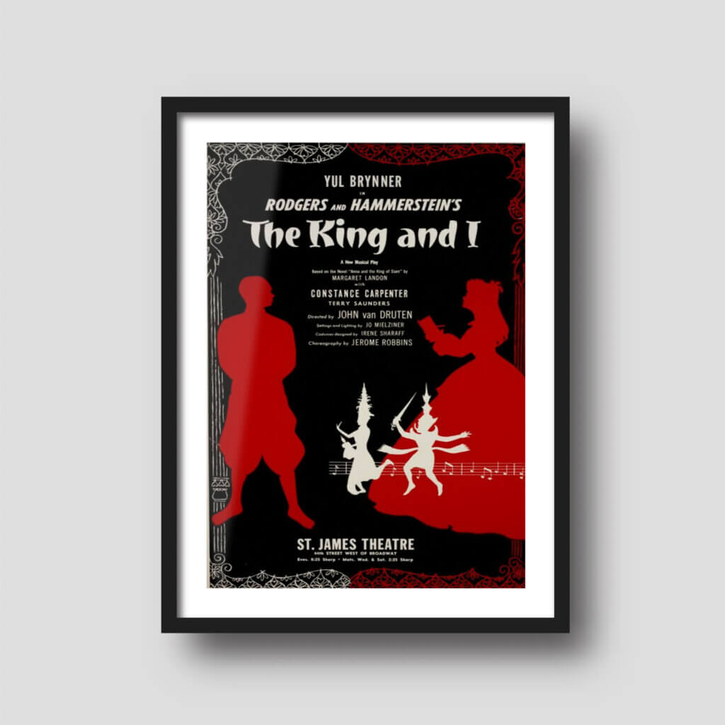Free printable art of a The King and I poster, displayed on a framed print.